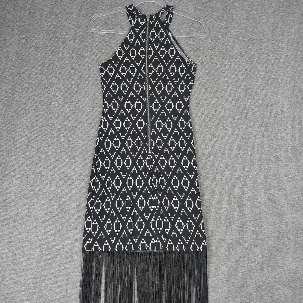 H&M COACHELLA WOMENS BLACK WHITE GEOMETRIC LONG FRINGE FESTIVAL DRESS SIZE 2 - Picture 9 of 12
